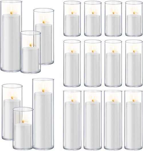Homjoy 36 PCS White Pillar Candles - Elegant Glass Holders for Weddings & Home Decor | 18 Candles + 18 Holders