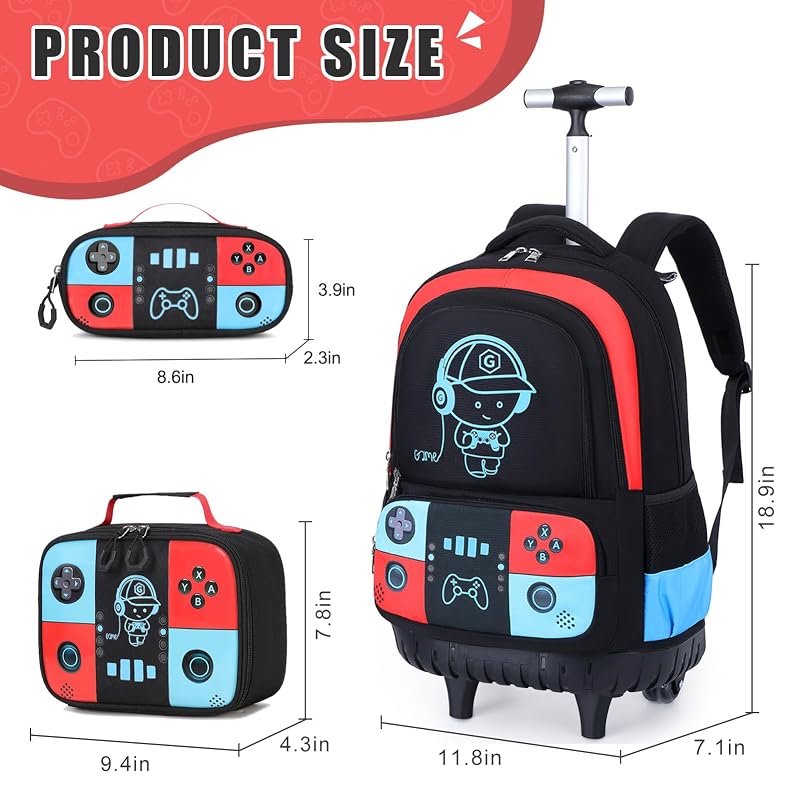 Rolling Backpack for Boys - 3-in-1 Kids Rolling Backpack with Wheels, Red/Blue