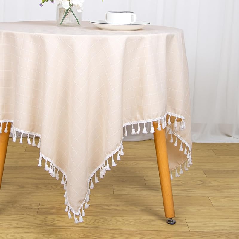 Champagne Checkered Cotton Tablecloth 55x55in with Tassels - Wrinkle-Resistant Linen Overlay
