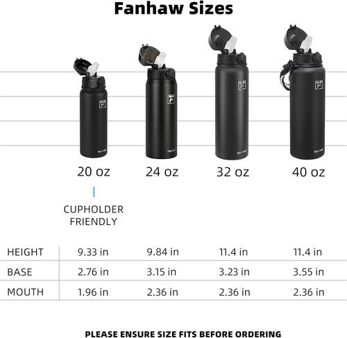 Fanhaw 20 Oz Insulated Stainless Steel Water Bottle - Leakproof Straw Lid | Black Sports Bottle for All