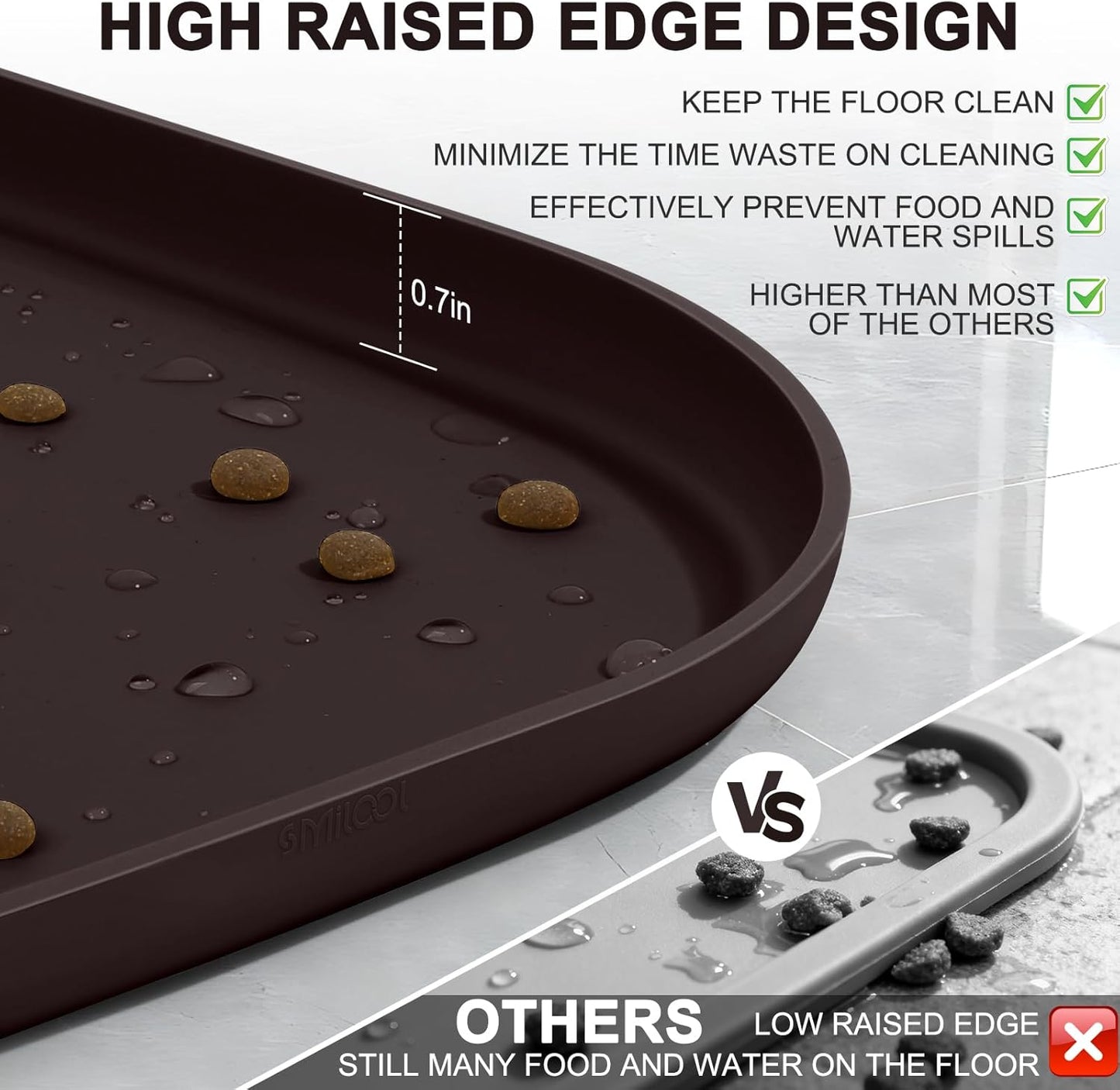 Skiennix Small Silicone Pet Food Mat - Waterproof Dog & Cat Feeding Tray with Raised Edge | 12 x 12 x 0.7 Dark Brown