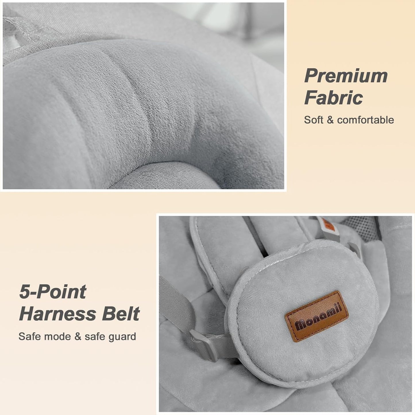 Monamii Baby Swing - Bluetooth Infant Swing with Music Speaker, 5 Speeds & Remote Control | Light Grey