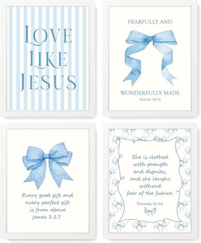 LARTSFRO Coquette Blue Bow Wall Art Decor - Inspirational Bible Verses | Set of 4 Framed 10x8 Inch Pictures for Teen Girls' Rooms