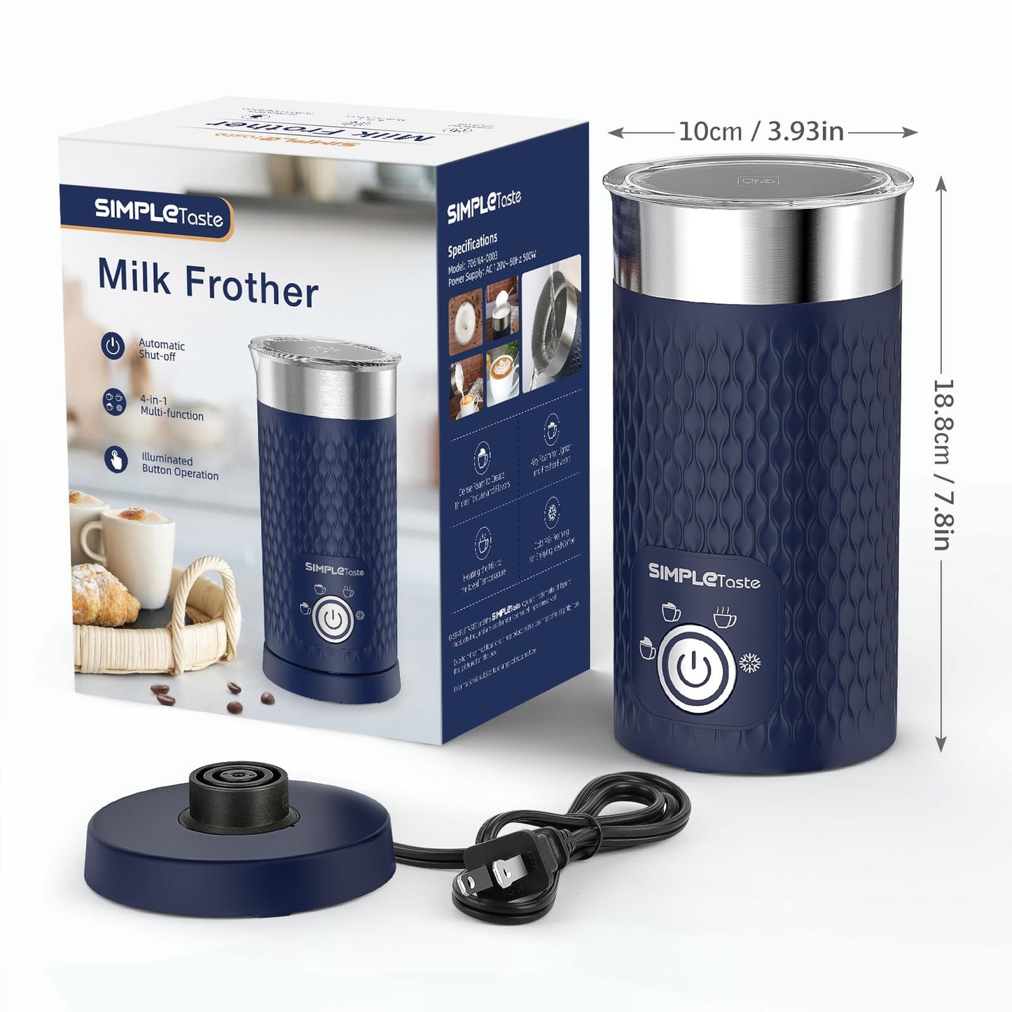 SIMPLETASTE Milk Frother, 4-in-1 Electric Milk Steamer, Automatic Warm and Cold Foam Maker and Milk Warmer for Latte, Cappuccinos, Macchiato