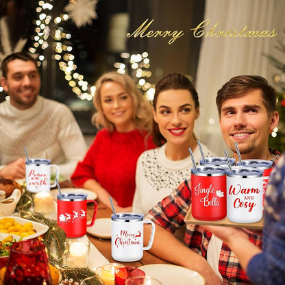 Umigy 12-Piece 17oz Christmas Coffee Mugs Set with Lids & Straws - Variation: Cute