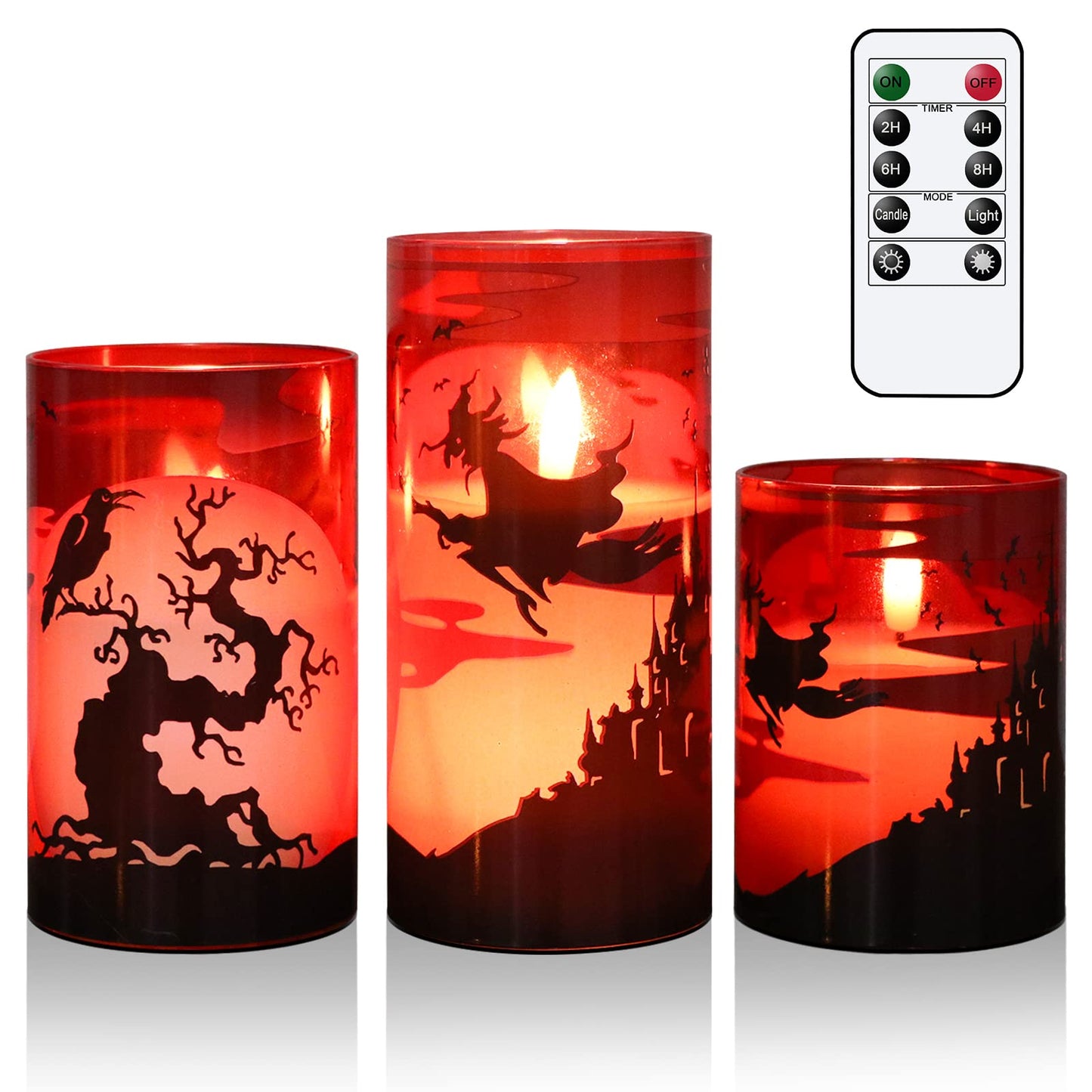 Eldnacele Halloween Flickering Candles with Witch, Crow Raven, Castle Decals, Red Glass Battery Operated Flameless LED Candles with Remote, Real Wax Candle Set of 3 Halloween Decorations