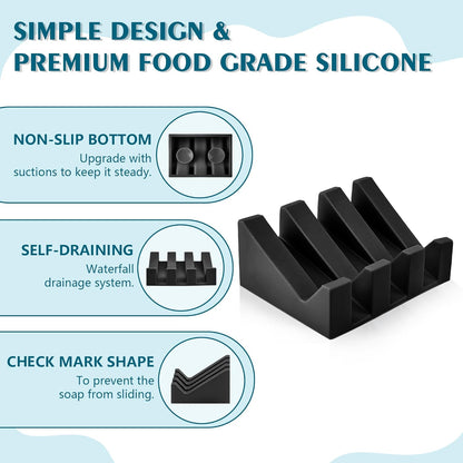 Skiennix Soap Dish Holder - Self-Draining Silicone Design with Suction Cup | Keeps Soap Dry (Black, 1 Pack)