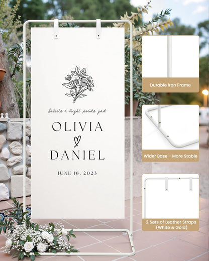 Wedding Welcome Sign Stand, Welcome to our Wedding Sign Holder, White Easel Stand for Sign Poster With Design Bundle & Ground Stakes & Leather Sign Hanging Straps, Linen Sign Stand for Wedding Decor