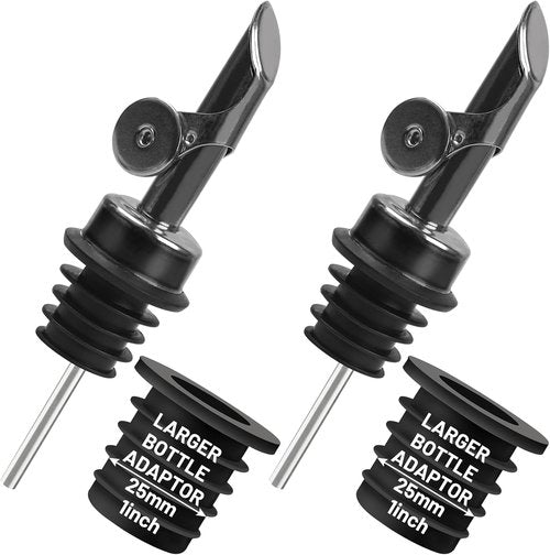 Liquor Pour Spout for Bottles, Hygienic Quick Bottle Pourer with 2 Adapters for Large Neck Bottles, Auto-Open/Close, for Alcohol, Olive Oil, Juices and Syrups, Black, 2 Pack