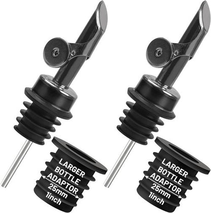 Liquor Pour Spout for Bottles, Hygienic Quick Bottle Pourer with 2 Adapters for Large Neck Bottles, Auto-Open/Close, for Alcohol, Olive Oil, Juices and Syrups, Black, 2 Pack