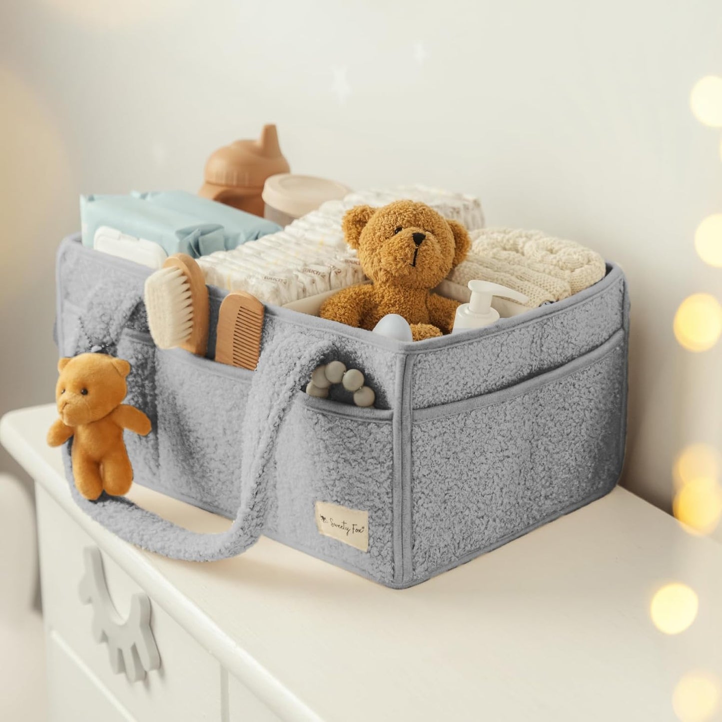 Sweety Fox Baby Diaper Caddy Organizer - Portable Sherpa Nursery Basket in Grey | Perfect for Baby Showers