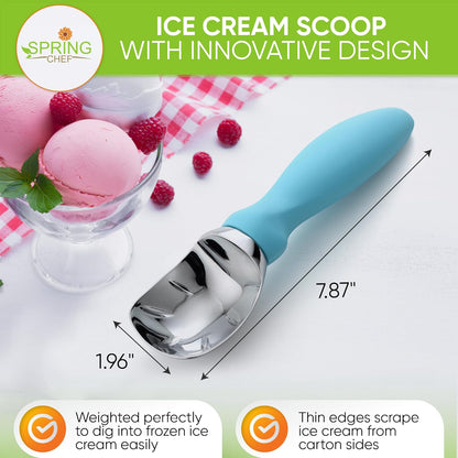 Spring Chef Ice Cream Scoop - Professional Heavy-Duty Scooper with Soft Grip Handle | Aqua Sky Color