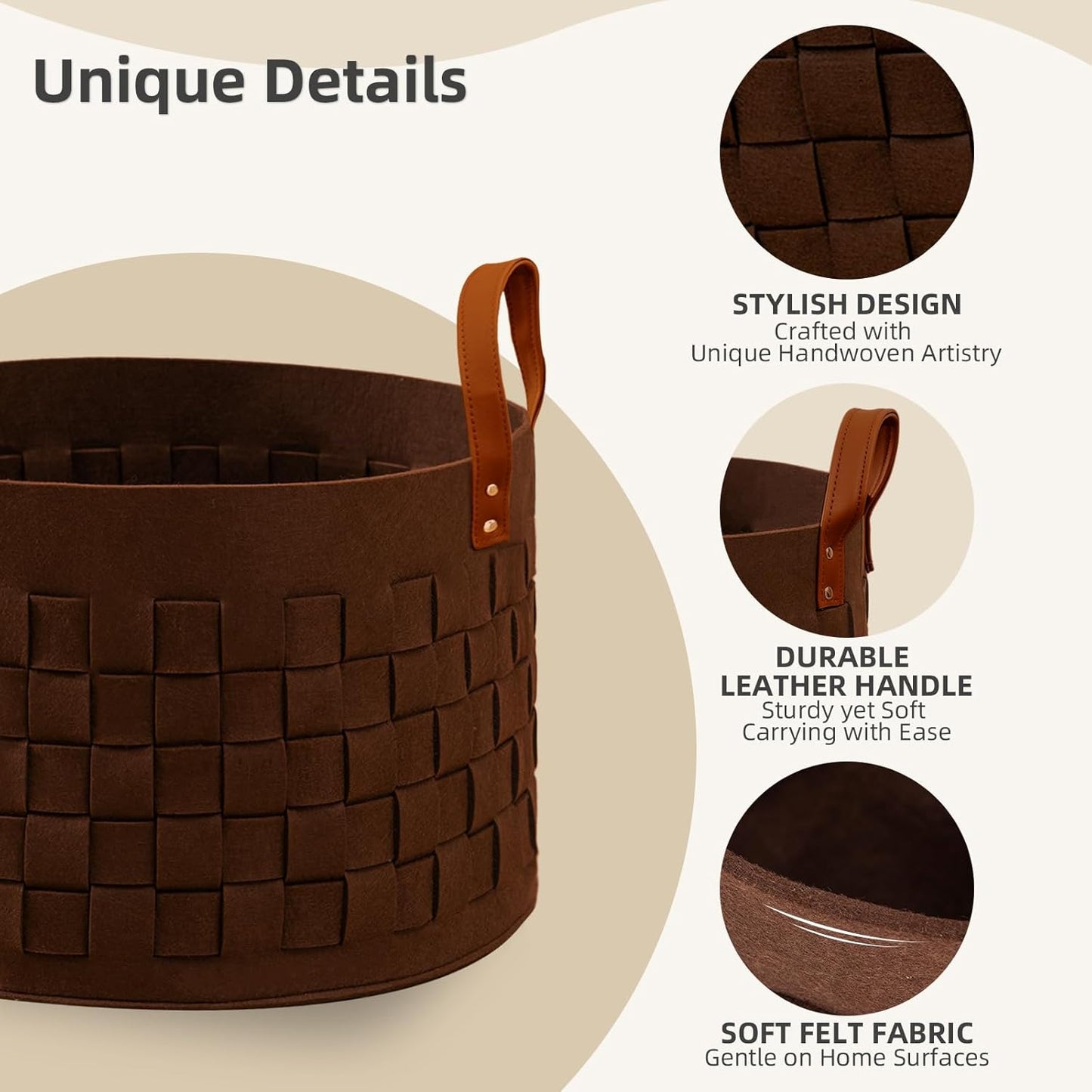 BOLDMONKEY Laundry Basket - Large Felt Fabric Hamper with Leather Handle | 20" x 20" x 11.8" - Brown