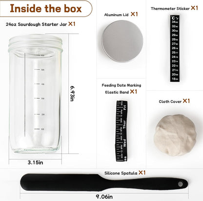 Skiennix Sourdough Starter Kit - 24 oz Glass Jar with Date Marked Feeding Band & Thermometer