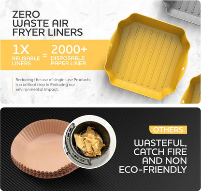 Zip Standing Reusable Silicone Air Fryer Liners - 7.5" Square for 4-7QT Air Fryers | Easy to Clean & Durable