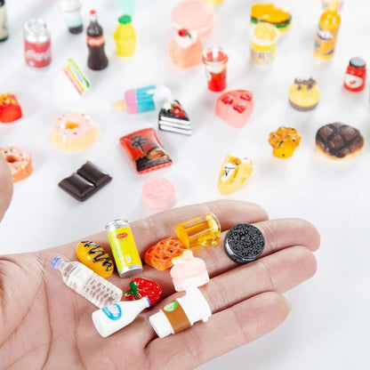 Skiennix Miniature Food & Drink Bottles Set - 50 Pcs for Dollhouse Play | Includes Soda Cans & Desserts
