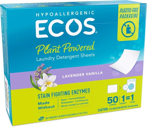 ECOS Laundry Detergent Sheets Vegan, No Plastic Jug, No Mess & Liquid Free - Laundry Sheets in Washer - Hypoallergenic, Plant Powered Laundry Detergent Sheets - Lavender - 50 Sheets (Pack of 1)