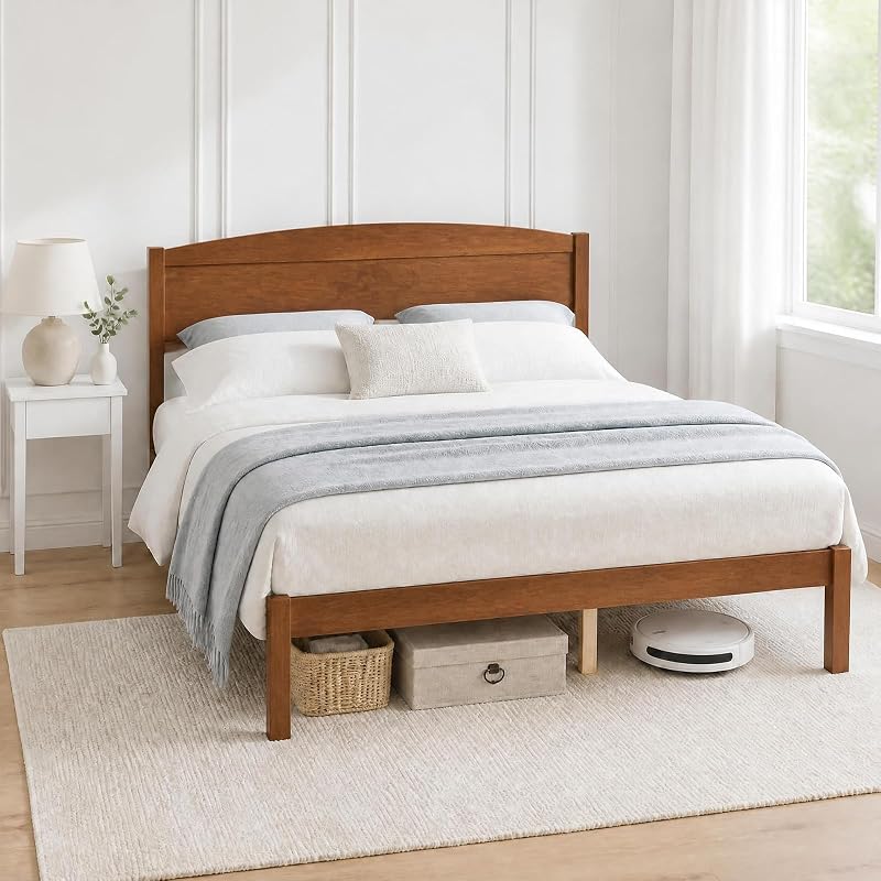 KOMFOTT Full Size Bed Frame with Curved Headboard – Walnut Variation