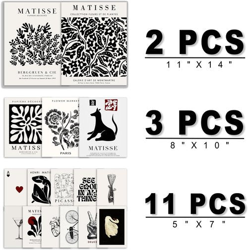 Anerza 16 PCS Black and White Matisse Abstract Wall Art Decor | Minimalist Gallery Prints for Bedroom & Living Room