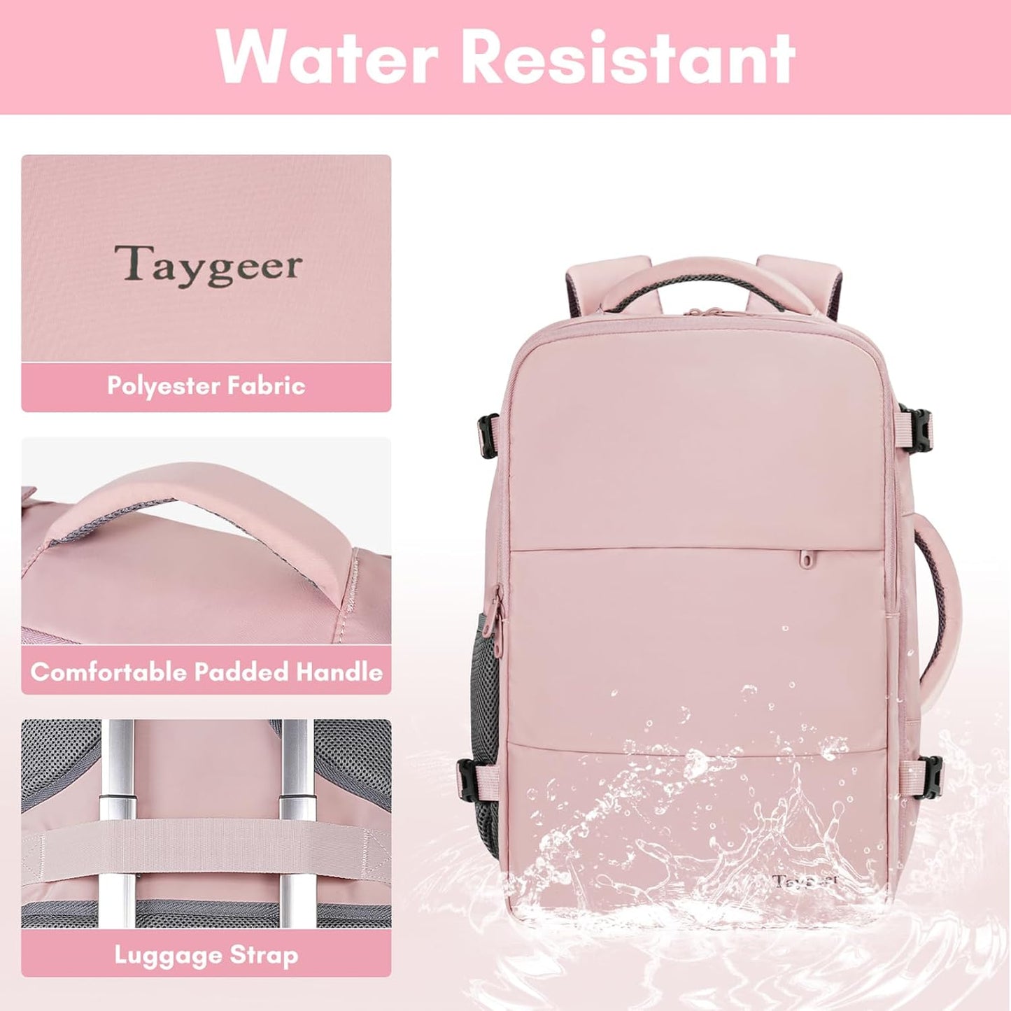 Taygeer Travel Backpack - TSA-Approved 15.6-Inch Laptop Bag with Water Bottle Pocket & Shoe Pouch | Pink