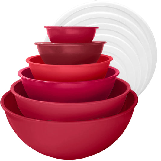 edge Plastic Mixing Bowls 12 Piece Nesting Set 6 Prep Bowls and 6 Lids, for Baking, Cooking and Storing, Tonal Red