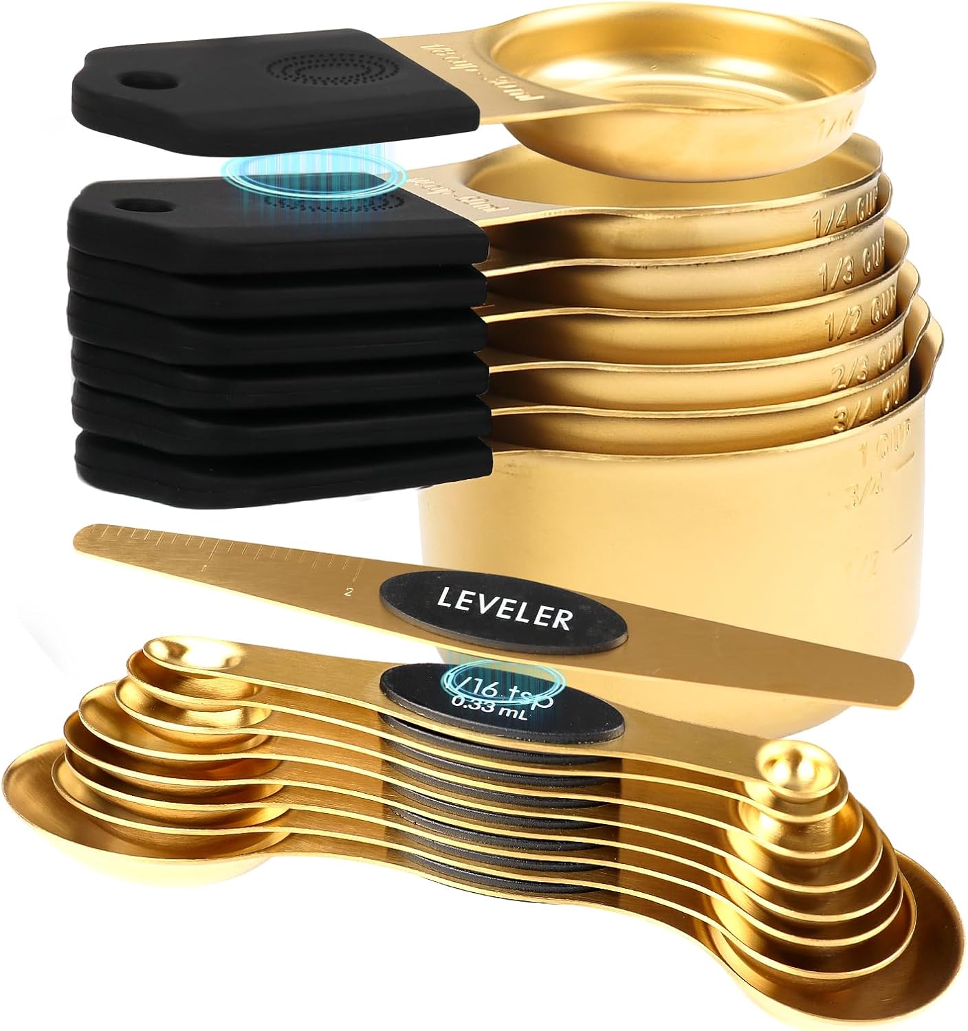 Skiennix 16-Piece Stainless Steel Measuring Cups & Spoons Set - Magnetic Nesting Design, Gold Finish