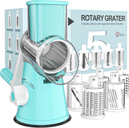 Cambom Rotary Cheese Grater - Hand Crank Shredder for Fresh Cheese, Veggies & Nuts | Non-Slip Base, 5 Blades, Blue