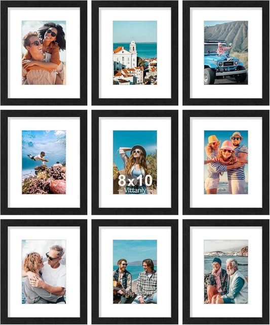 Vittanly 8x10 Picture Frames Set of 9 - Shatter Resistant Plexiglass for 5x7 or 8x10 Photos | Black