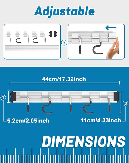 Skiennix Mop and Broom Holder - Wall-Mounted Organizer with Movable Hooks | Modern Aluminum Alloy, Black