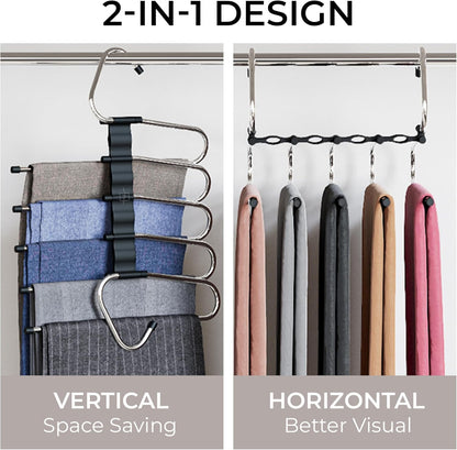 MORALVE Space-Saving Pants Hangers - Non-Slip Multi-Layer Closet Organizer - 2 Pack (Black)