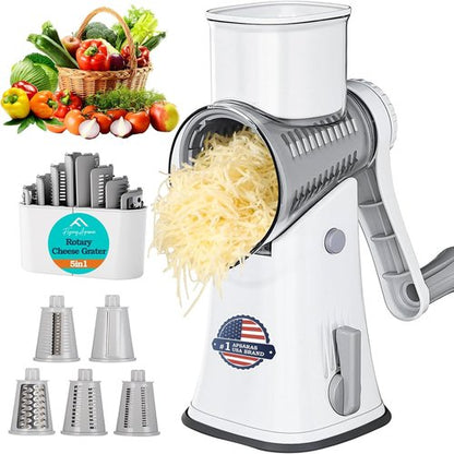 APSARAS USA Rotary Cheese Grater - 5-in-1 Hand Crank Shredder with Replaceable Blades & Suction Base