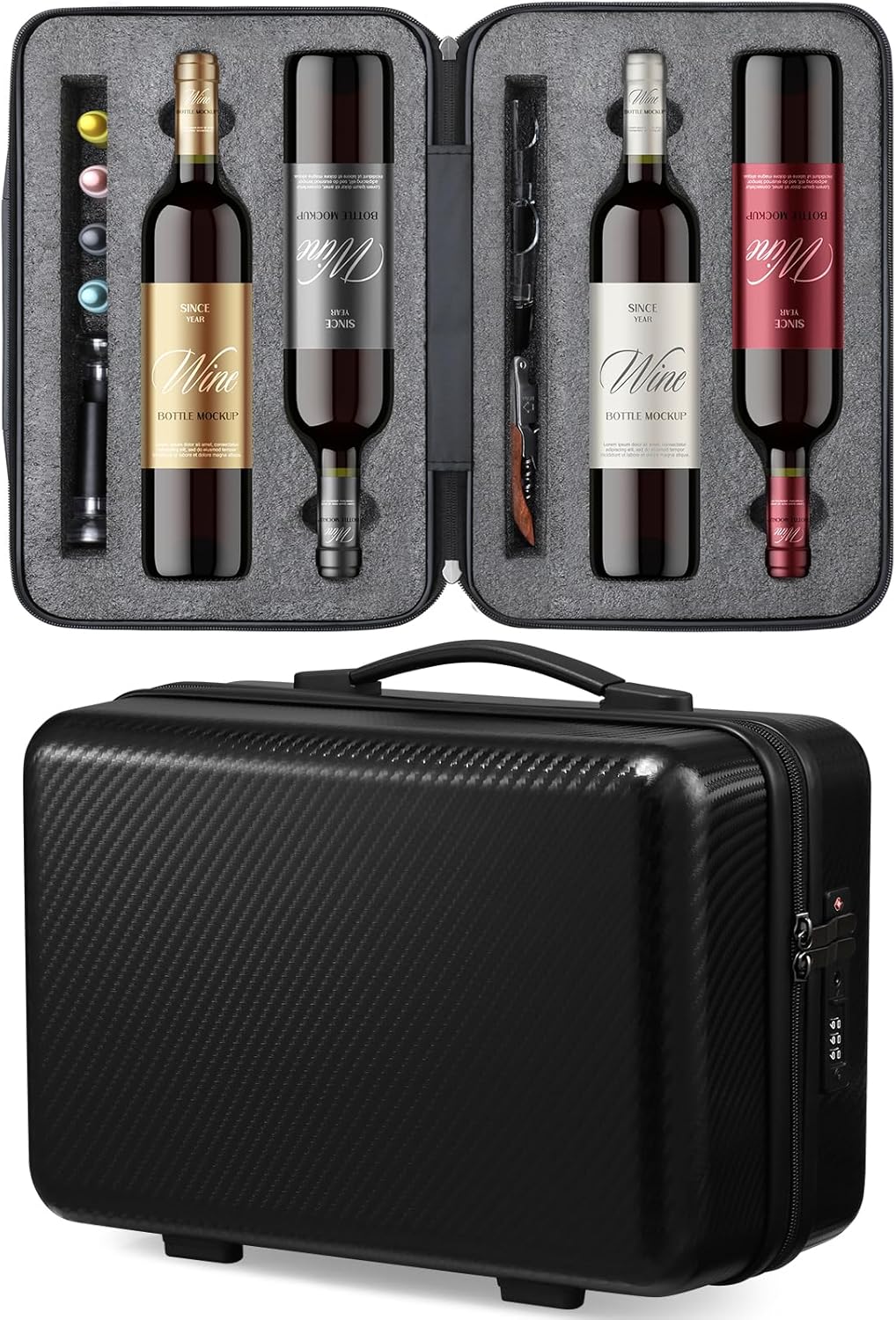Wine Travel Suitcase for 4 Standard Wine Bottles - 360-degree All-around Protection Bottle Luggage for Airplane, Car, Outdoor Carrying - Impact Resist, Sturdy, Waterproof Wine Bottle Protector Case