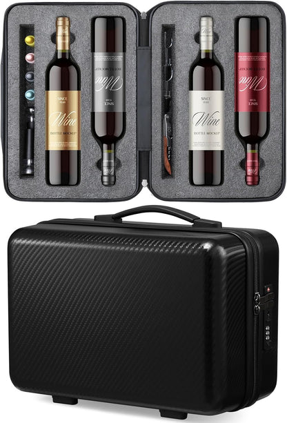 Wine Travel Suitcase for 4 Standard Wine Bottles - 360-degree All-around Protection Bottle Luggage for Airplane, Car, Outdoor Carrying - Impact Resist, Sturdy, Waterproof Wine Bottle Protector Case