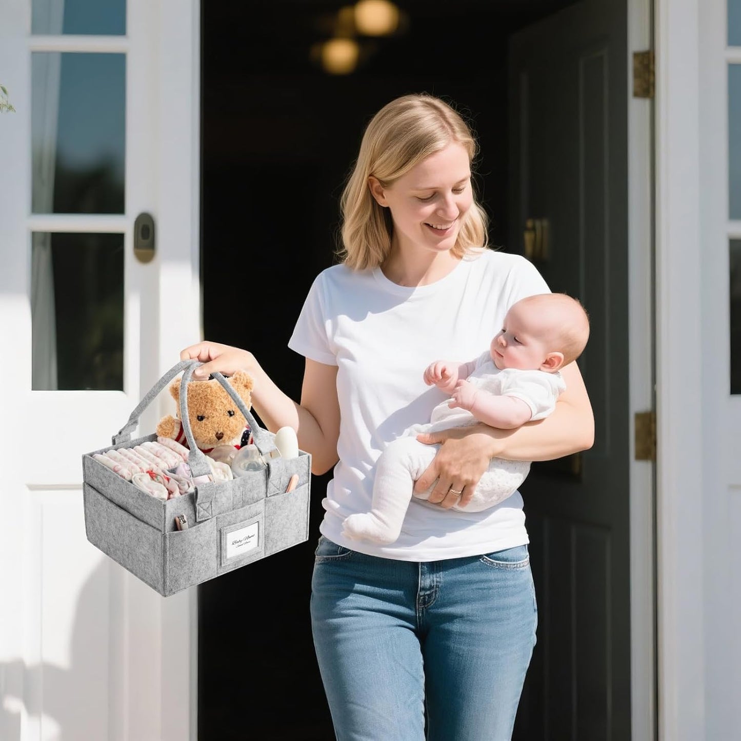 Skiennix Diaper Caddy Organizer - Collapsible Baby Basket with Handle & Photo Frame - Grey, 11.8 x 6.3 x 9.0 Inch