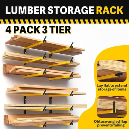 GREENER Lumber Storage Rack - Heavy-Duty Wall-Mounted Wood Organizer | 3-Level Design, Yellow, 4 Pairs