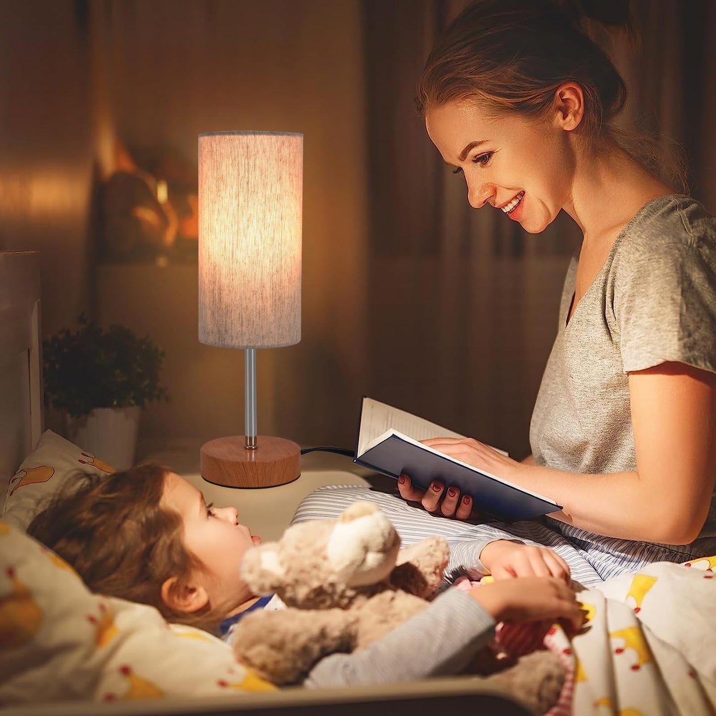 RISLG 2 Pack Small Table Lamps, Bedside Lamps for Nightstand with Wire Switch, Modern Minimalist Desk Lamp with Linen Fabric Shade for Dorm Kids Room Living Room Office Bedroom, Bulb Included