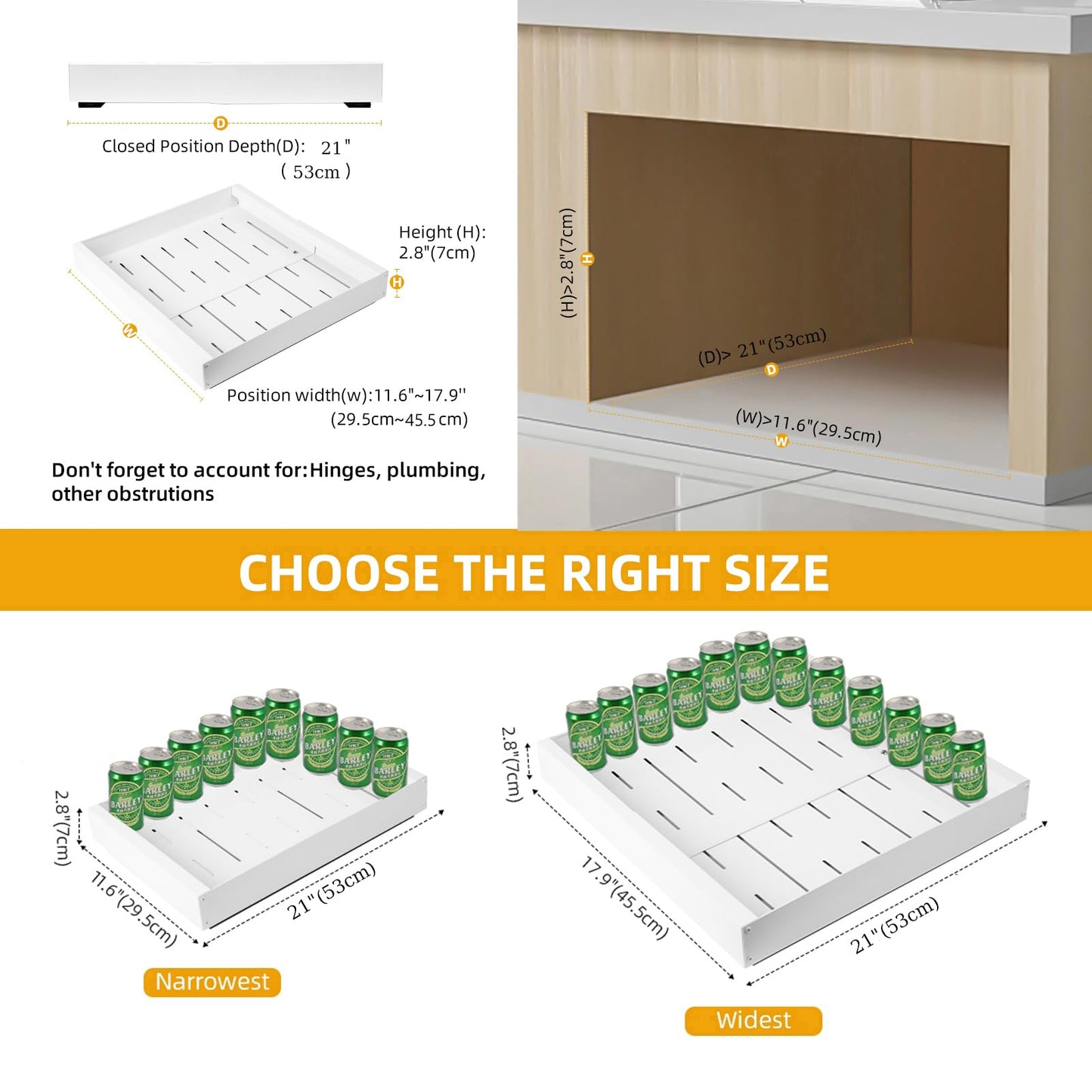 Pull out Cabinet Organizer, Expandable(11.6"-17.9") Heavy Duty Slide out Drawers Fixed with Adhesive Nano Film, Cabinet Organizer for Kitchen Base Cabinet, Pantry Bathroom Home (21" Deep)