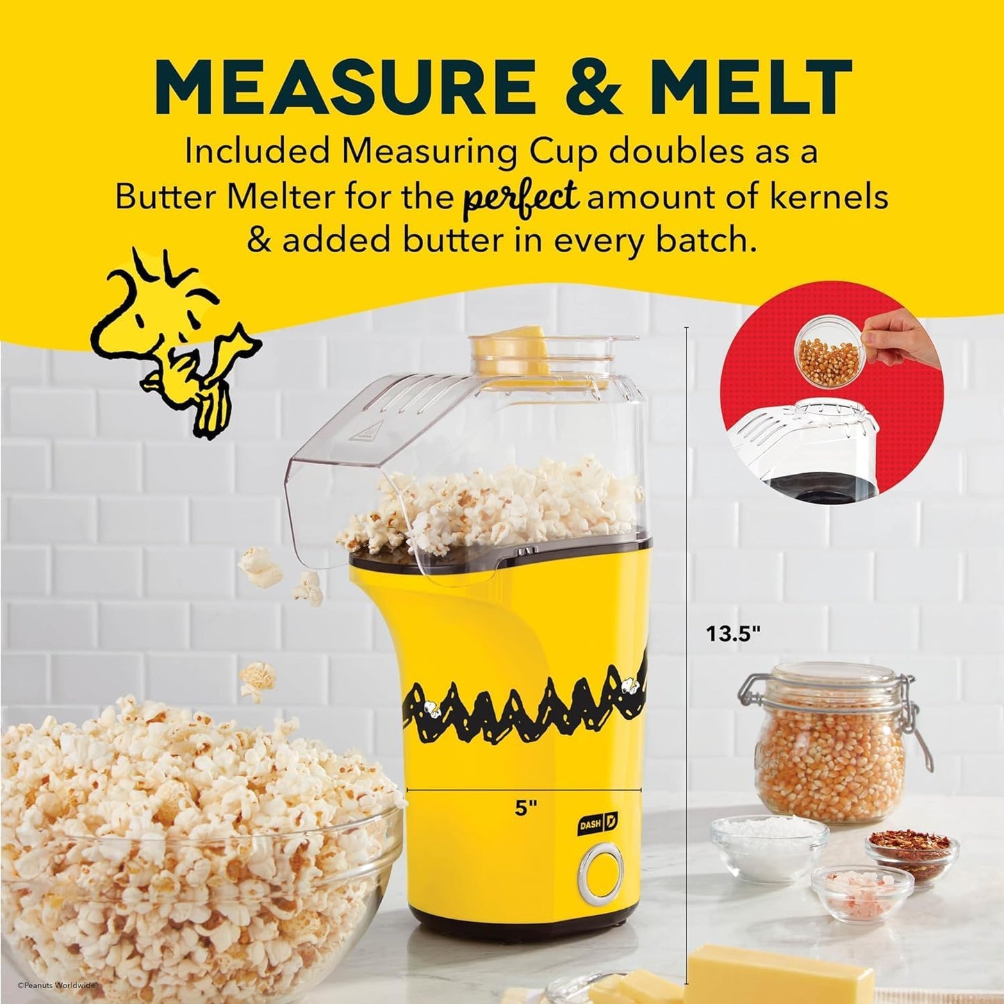 Peanuts DASH Fresh Pop Popcorn Maker - Oil-Free Air Popper with Measuring Cup & Recipe Guide - 16 Cups for Movie Nights
