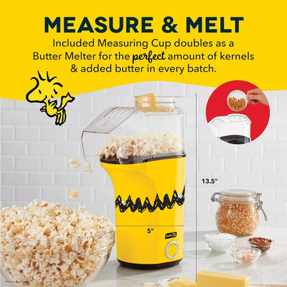 Peanuts DASH Fresh Pop Popcorn Maker - Oil-Free Air Popper with Measuring Cup & Recipe Guide - 16 Cups for Movie Nights