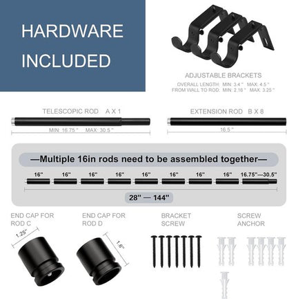 Byondeth Adjustable Curtain Rods - Heavy Duty 1 Inch Diameter for Windows 28 to 144 Inches | Black Finish