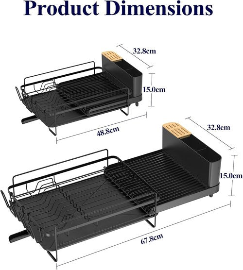 Kitsure Large Dish Drying Rack - Extendable Multifunctional Kitchen Rack with Anti-Rust Design | 19.2"-26.7" L x 12.9" W, Black