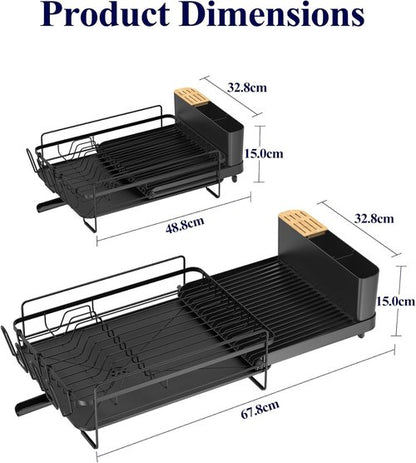 Kitsure Large Dish Drying Rack - Extendable Multifunctional Kitchen Rack with Anti-Rust Design | 19.2"-26.7" L x 12.9" W, Black