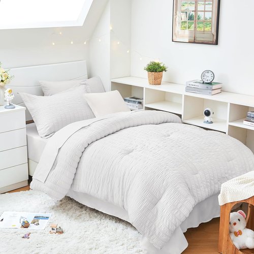 HYMOKEGE Twin XL Comforter Set - 5-Piece Seersucker Luxury Bedding Set for All Seasons | White