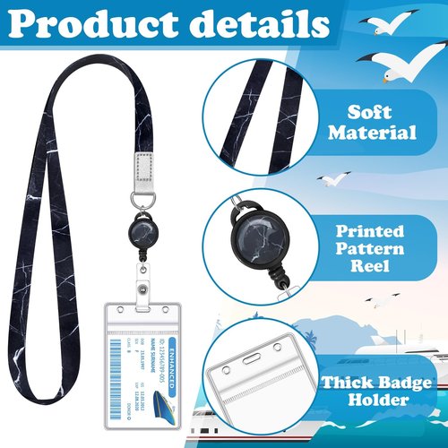 2 Pieces Cruise Lanyard for Ship Cards Marble Lanyards with Retractable Badge Reels Waterproof ID Badge Holder Cruise Essentials Accessories