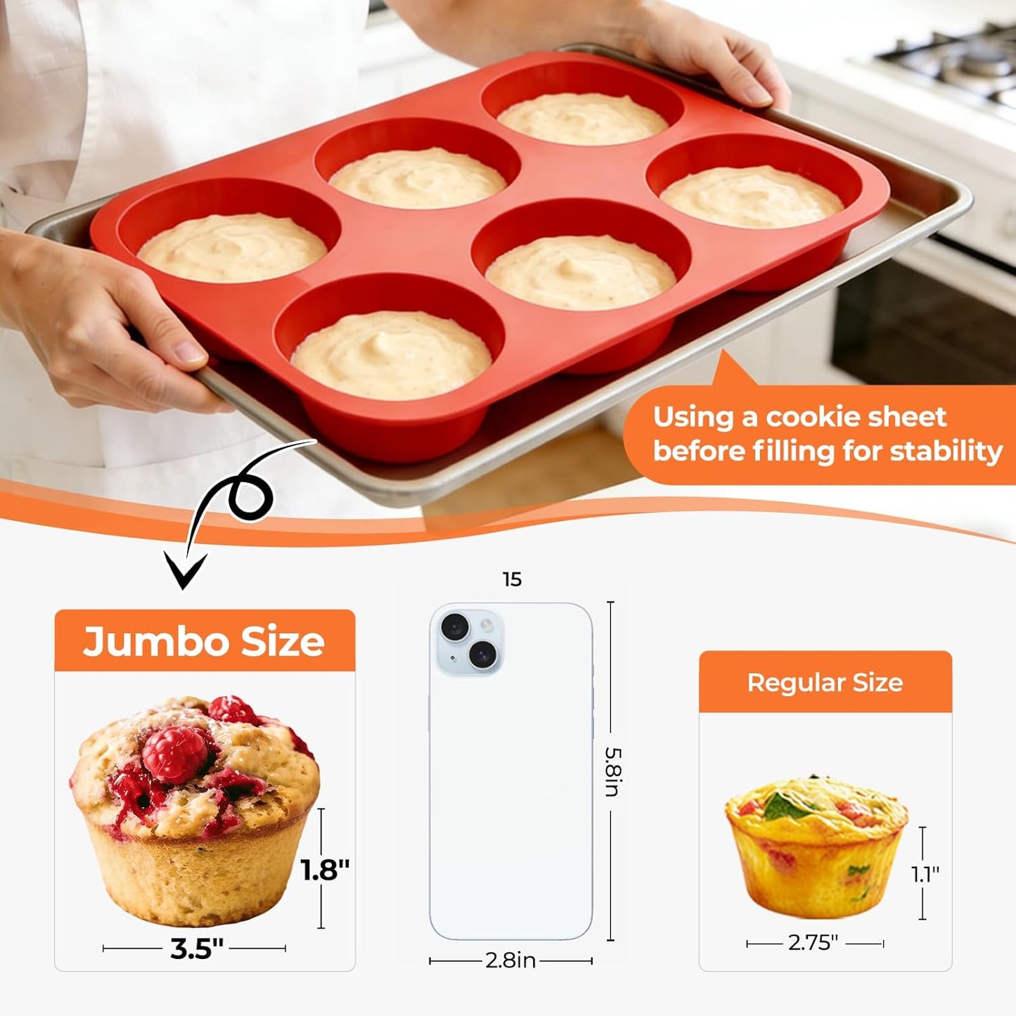 Skiennix Jumbo Muffin Pan - 6-Cup Silicone Baking Mold | 3.5-Inch Non-Stick Cupcake Tin