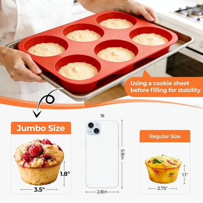 Skiennix Jumbo Muffin Pan - 6-Cup Silicone Baking Mold | 3.5-Inch Non-Stick Cupcake Tin