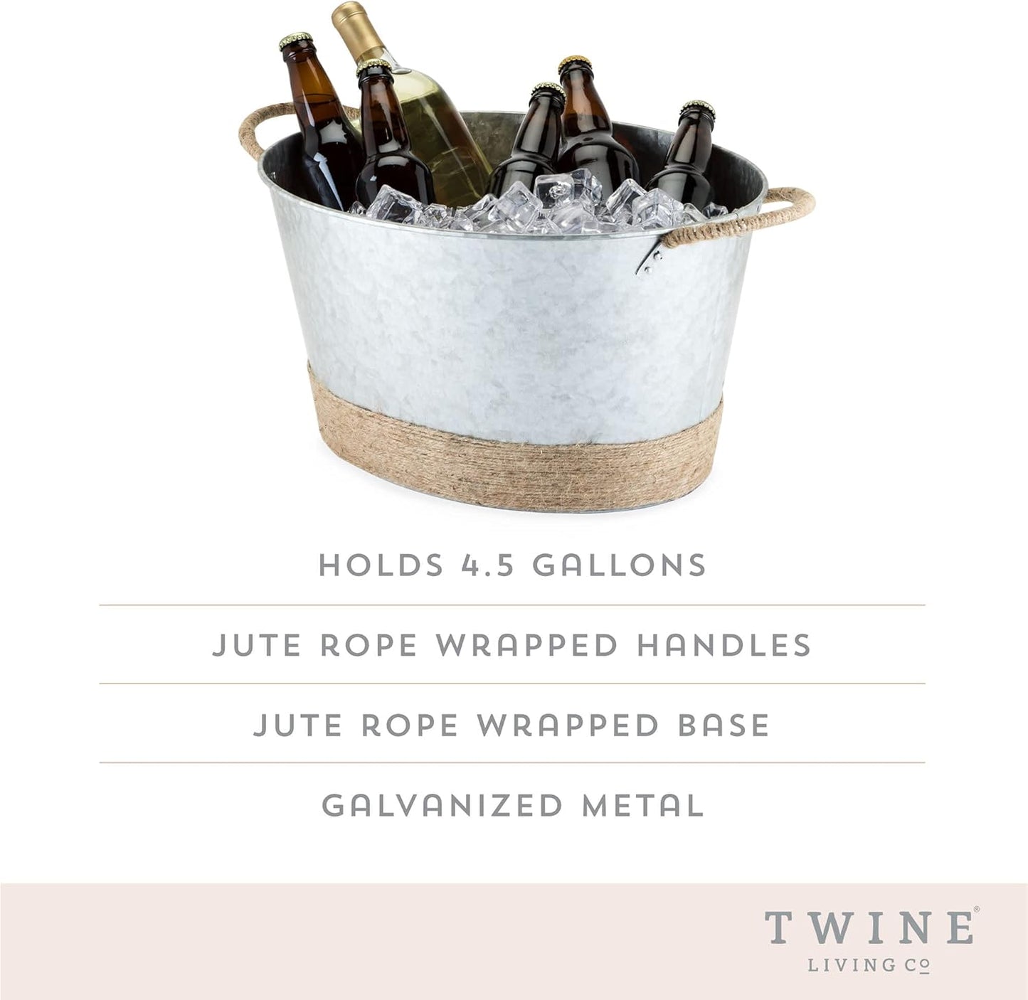 Twine Seaside Jute Rope Wrapped Farmhouse Galvanized Ice Metal Beverage Tub, Wine, Beer Bottle Bucket, 4.5 Gallons