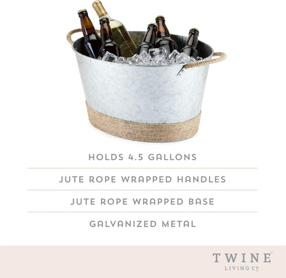Twine Seaside Jute Rope Wrapped Farmhouse Galvanized Ice Metal Beverage Tub, Wine, Beer Bottle Bucket, 4.5 Gallons