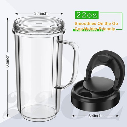 Magic Bullet Blender Cups - 22oz Tall Replacement Cups with Flip Top Lid & Handle | 2 Pack