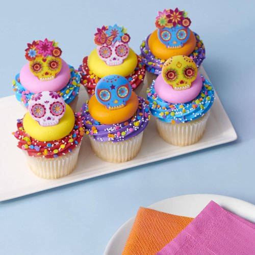 DecoPac Calavera Mask Cupcake Toppers - 24 Día de los Muertos Skull Mask Rings for Celebrations